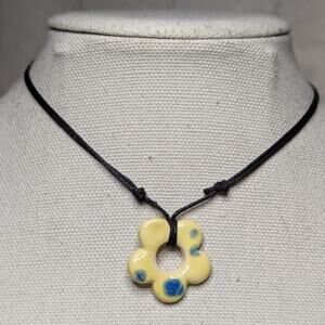 Yellow Ceramic Flower Pendant Choker Necklace Handmade Boho Hippie Whimsical Y2K